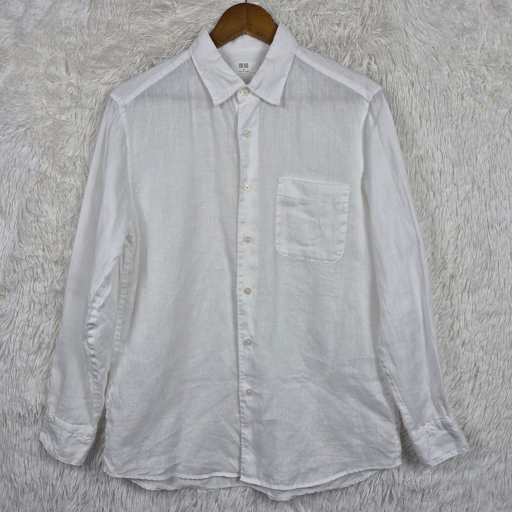 Uniqlo Mens White 100% Premium Linen Long Sleeve Button Up Shirt Size M 474504